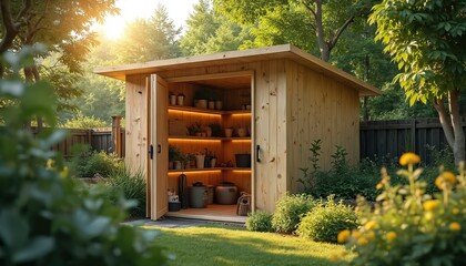 Rustic wooden garden shed in sunny outdoor environment. Shed with open doors, lit interior, shelves filled with plants. Green grass, garden design, nature, summer vacation, home decor, landscaping,