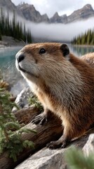 A giant beaver hovers above a village, surrounded by mountains and lakes, with clouds reflecting in its eyes, evoking a dreamlike ambiance
