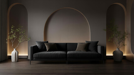 Minimalist modern living room with dark elegant tones featuring a contemporary sofa dramatic lighting and clean sophisticated decor for a stylish cozy and peaceful home interior