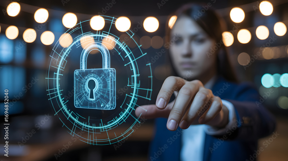 Poster data security at your fingertips: a focused professional interacts with a digital padlock, represent