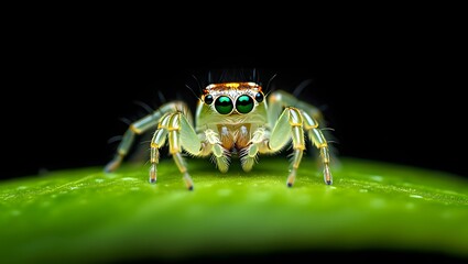 Close up of a jumping spider with bright green eyes on a green leaf with black background