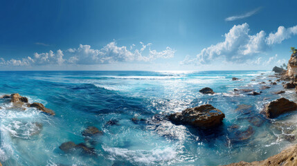 Panoramic ocean landscape with calm waves under a clear blue sky