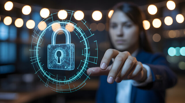 Data Security at Your Fingertips: A focused professional interacts with a digital padlock, representing data security and cyber protection in a technological setting.