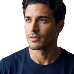 Obraz premium Close-up portrait of a thoughtful man with intense gaze and subtle expression transparent background