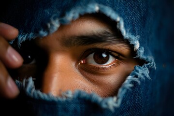 Eyes peering through torn denim fabric revealing a person's intense gaze and emotion