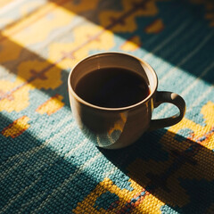 Warm morning sunlight illuminates a cozy coffee cup on a textured tablecloth