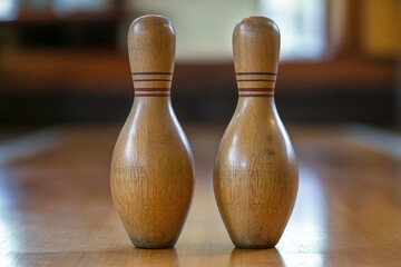 Two bowling pins standing, Two bowling pins standing upright on a smooth surface