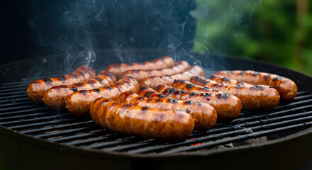 Grilled sausages on barbecue for summer picnic delicious smoked sausage bbq grill party food tasty meat