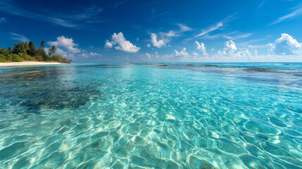 Panoramic ocean landscape with calm waves under a clear blue sky