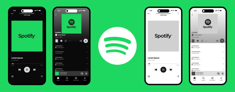 Spotify Music Player UI Mockup with Playlist, Album Art, Playback Controls, and Podcast Streaming Interface for Mobile App