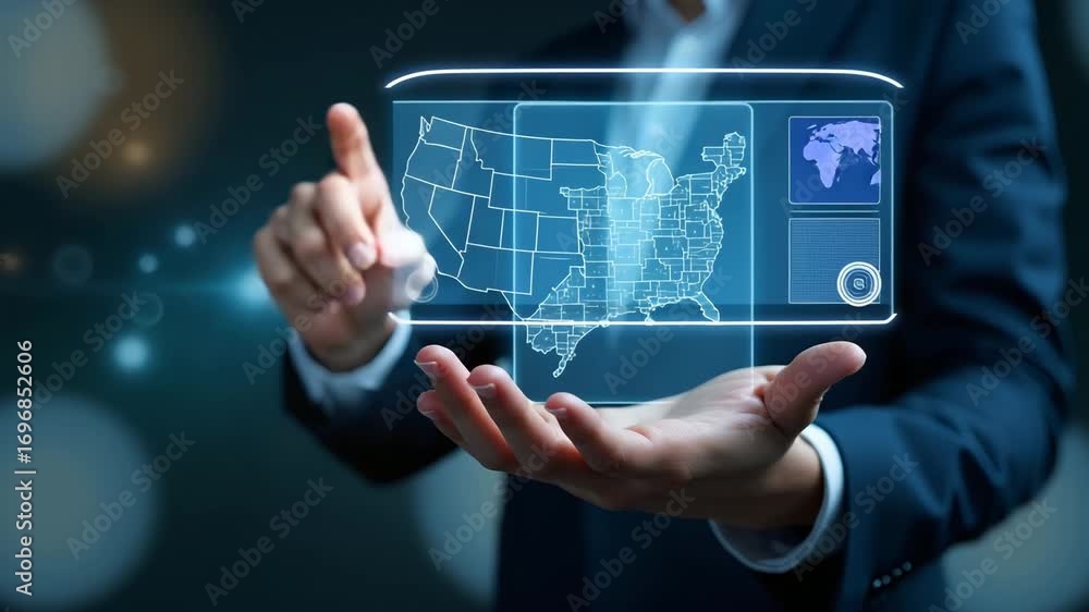 Poster hand interacting with holographic device explaining tax laws by state with empty space background co