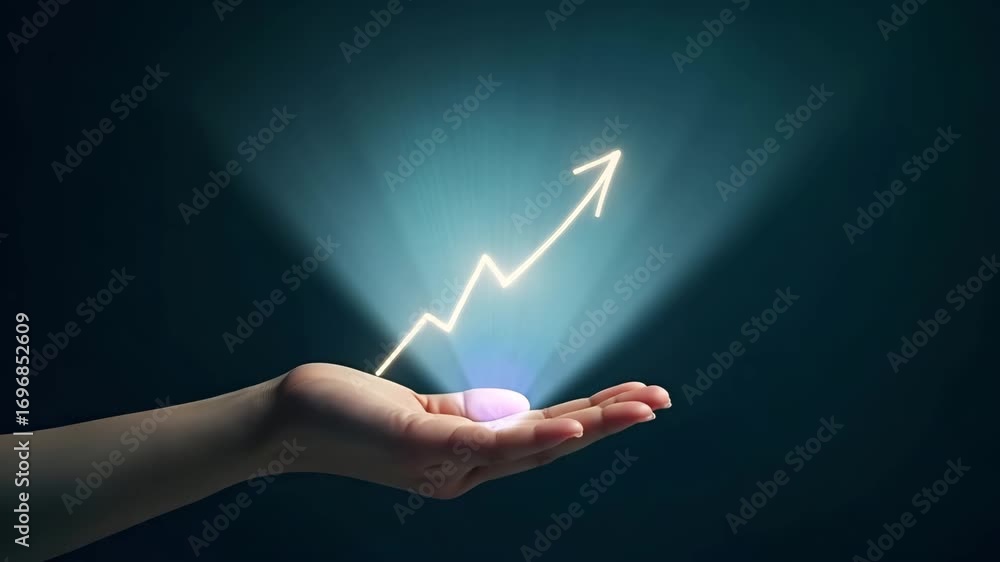 Poster flat hand presenting holographic motivation symbol representing growth mindset development motivatio