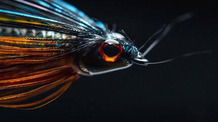 Intricate fishing lure details, macro shot of vibrant feathers and reflective eye.