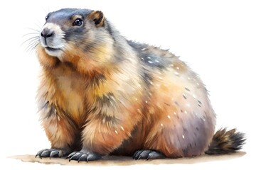Watercolor Illustration of a Yellow Bellied Marmot Isolated on White Background