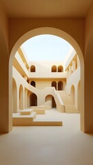 Architectural rendering of a courtyard with arches and stairs in a minimalist style