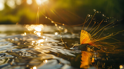 Golden hour fishing lure floats on shimmering water catching morning light