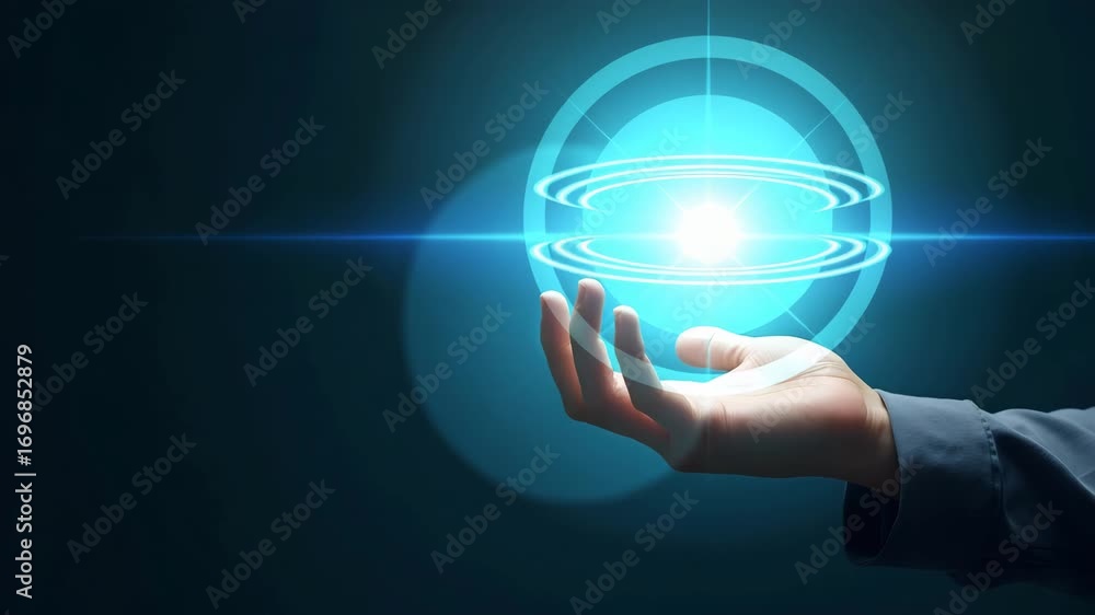 Poster flat hand presenting holographic device for digital literacy for seniors with empty space background