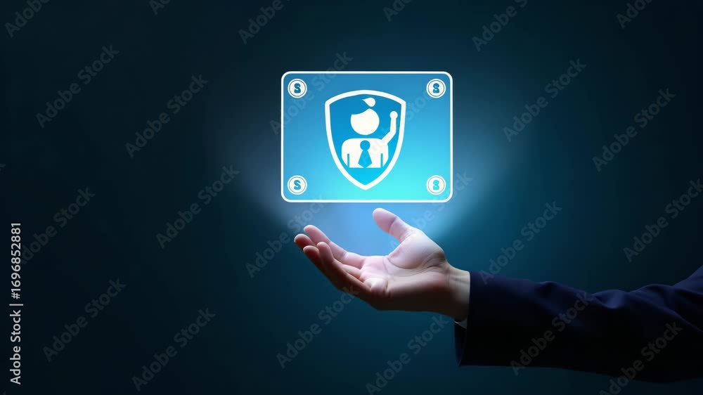 Poster flat hand interacting with holographic device for digital literacy and safety with empty space backg