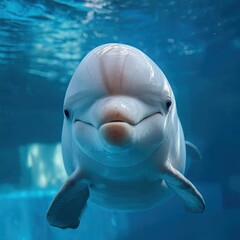 Naklejka premium Close-up view of a playful dolphin, showcasing its captivatingly smooth, white skin, and intelligent expression against a vibrant blue underwater environment.