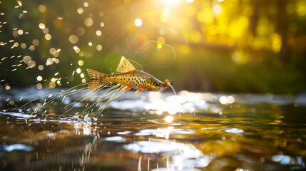 Dynamic trout leaping from water catching lure in golden sunlight, vibrant action shot