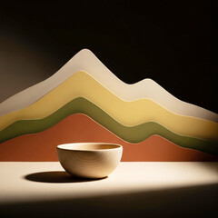 Minimalist ceramic bowl sits before abstract mountain landscape backdrop