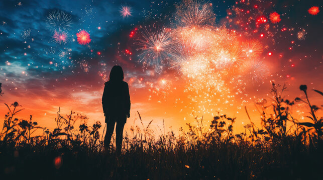 Back view of lonely woman standing on balcony, watching fireworks in night sky, New Year atmosphere