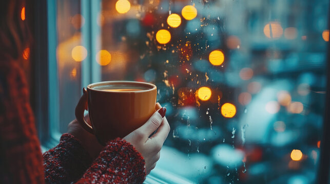 single woman holding cup of hot coffee near window while watching christmas lights outside, cozy winter interior with lonely holiday feeling and warm atmosphere