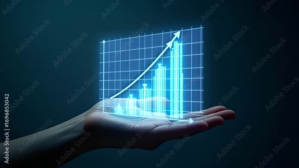 Poster flat hand using holographic device to display evaluation metrics examples with empty space backgroun