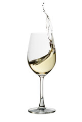 A crystal goblet holds a single, elegant pour of red wine, a perfect isolated beverage for celebration