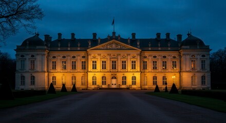 Fototapeta premium Gilded manor illuminated at blue hour with reflective wet stone and elegant path leading lines; architecture image for luxury real estate, hospitality branding, and high-end destination marketing.