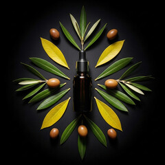 Elegant black bottle surrounded by olive leaves and olives in a circular pattern