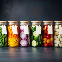Assortment of fresh vegetables preserved in glass jars lined up against a dark background