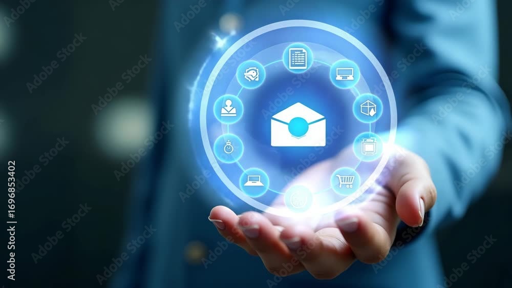 Poster hand holding holographic quality control certification device showing assurance guarantee icons for 