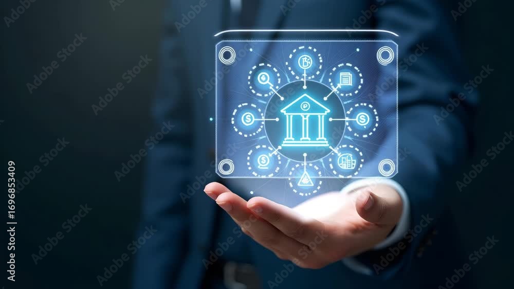 Poster hand presenting holographic digital banking interface with financial technology icons and currency s