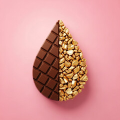 Half milk chocolate bar and half golden nuts form a teardrop shape