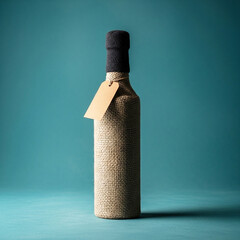 Elegant bottle wrapped in textured material with a blank gift tag on teal background