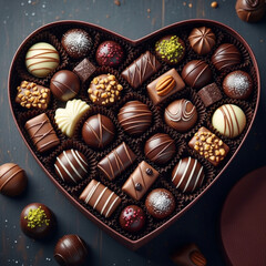 Assortment of delicious gourmet chocolates arranged in a heart shaped box
