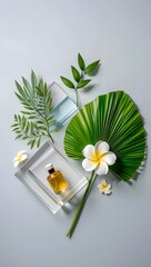 Perfume bottle with tropical flowers and leaves on a light blue background scene setup