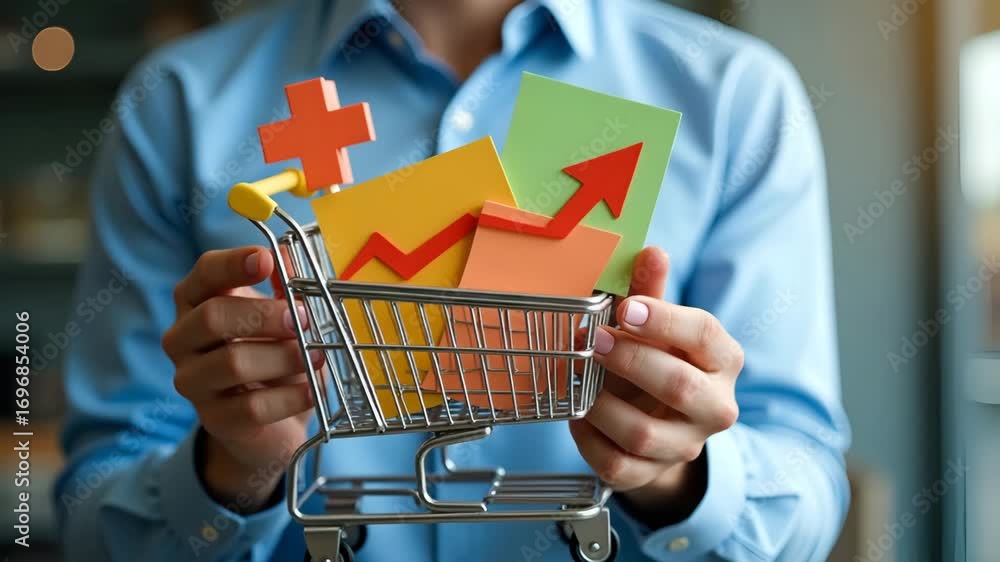 Poster man holds shopping cart with plus signs representing increased sales volume e commerce growth and in