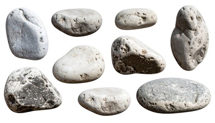 Collection of weathered sea pebbles with varied textures against white backdrop