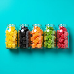 Colorful cubes of fruit candy preserved in glass jars on a teal background