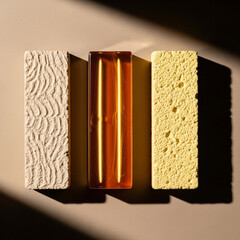 Three textured rectangular objects casting long shadows on a neutral surface