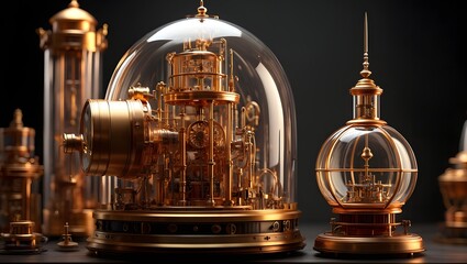 Golden steampunk machines under glass domes displaying intricate mechanisms art 90 char