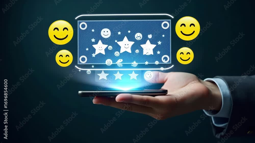 Poster flat hand using holographic customer review interface showing five star rating and feedback emoticon