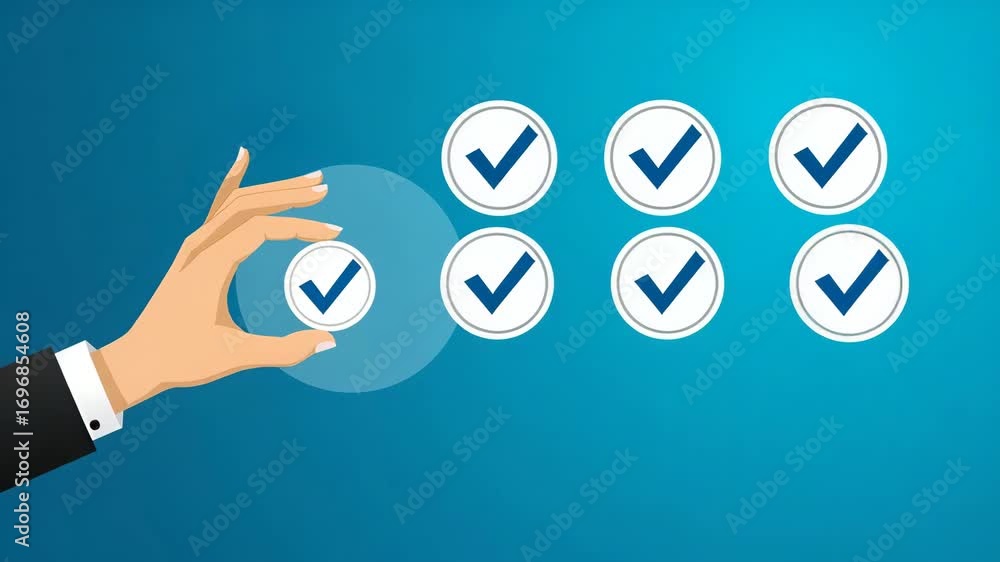 Poster flat hand holding holographic checkmark with quality assurance certification symbols on blue backgro