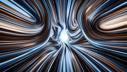 Abstract light tunnel with metallic lines and smooth curves creating a dynamic view