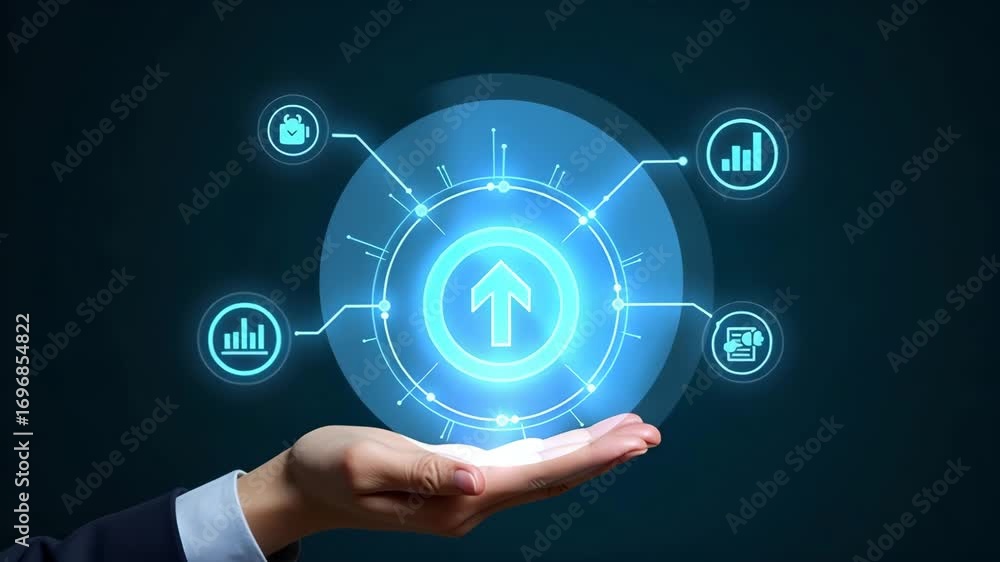 Poster flat hand reviewing holographic business audit device showing compliance target data analysis icons 
