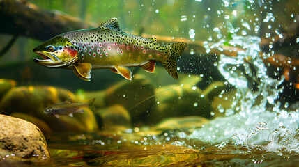 Vibrant trout leaps from rushing water, showcasing nature's dynamic beauty and wild spirit
