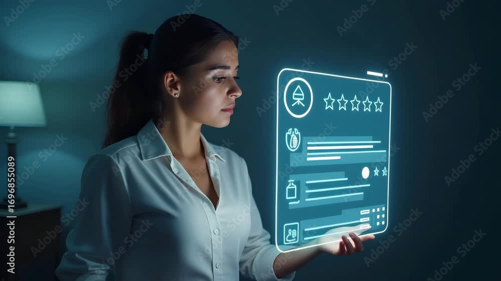 Poster flat unhappy user gives bad review and low rating with sad emotion face on holographic online survey