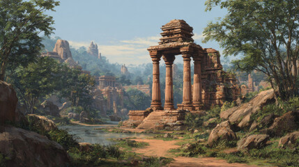 Ancient stone temple with weathered architecture under clear sky